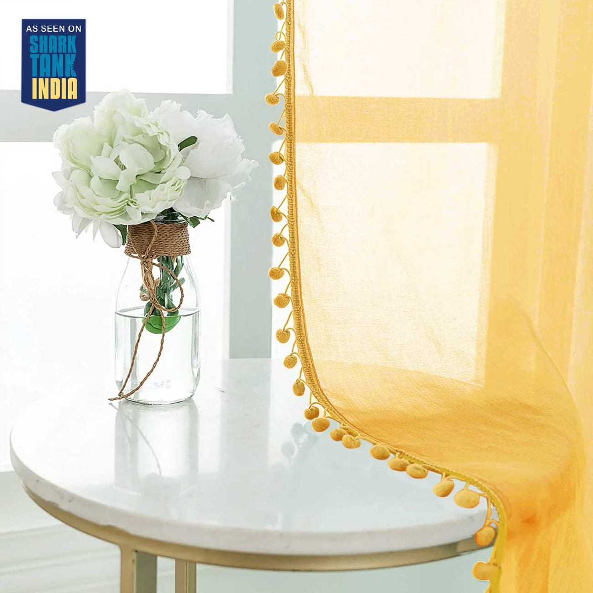 Buy Mustard Sheer Curtain with Pom Pom for Balcony | Urban Space