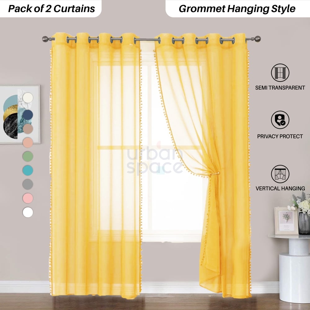 Buy Mustard Sheer Curtain with Pom Pom for Balcony | Urban Space