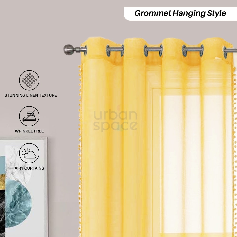 Buy Mustard Sheer Curtain with Pom Pom for Balcony | Urban Space