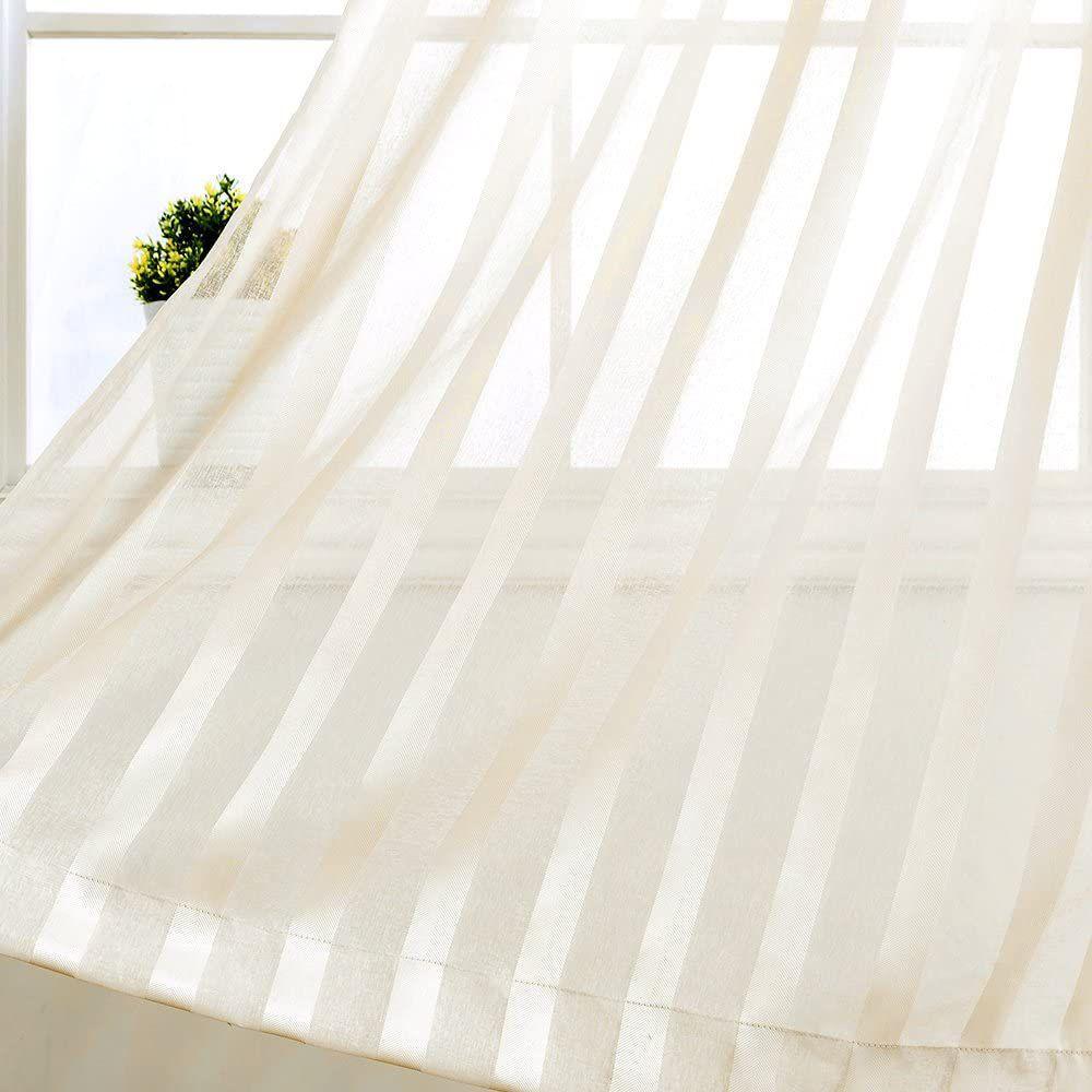 Butter Cream Stripe Linen Textured Sheer Curtain For Living Room ...